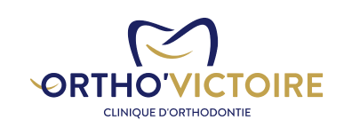 illustration vectorielle présentant le logo et le nom d'orthovictoire en bleu et orange